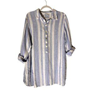 J. Jill Love Linen Blue & White Striped Long Sleeve Tunic With Pockets Size IX